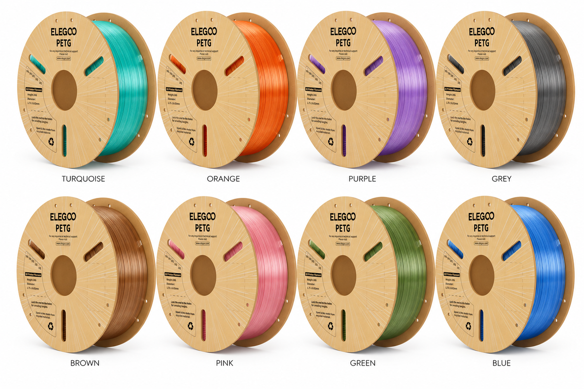 Translucent Elegoo PETG filament by 3dfactorylb, shown in a spool with a clear, glossy appearance for 3D printing.
