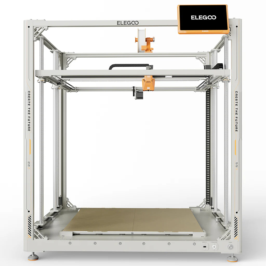 3dfactorylb Elegoo OrangeStorm Giga 3D printer front view showing orange frame and build area, with control panel and filament holder