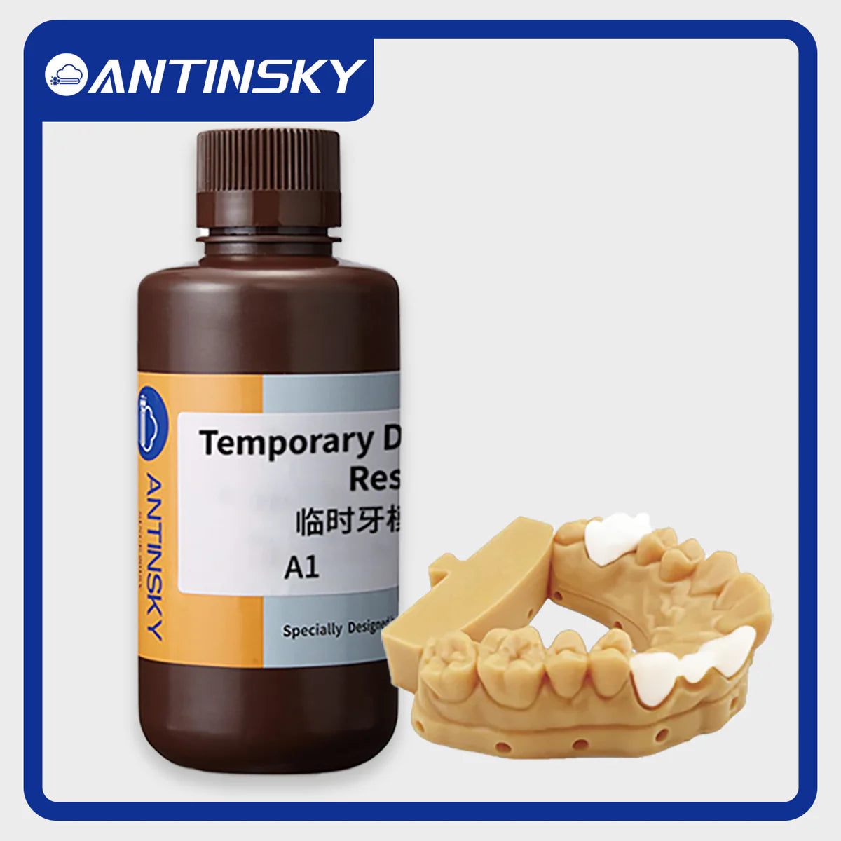 3dfactorylb Antinsky Temporary Dental Model Resin A1 1KG for 3D dental printing, showing the resin bottle with labeling and packaging.