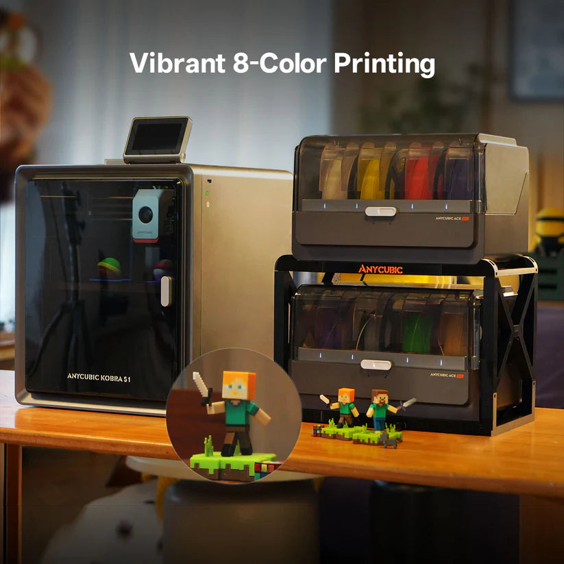 3dfactorylb Anycubic Kobra S1 Combo 3D printer with metal frame, touchscreen display, and filament spool holder in a clean workspace