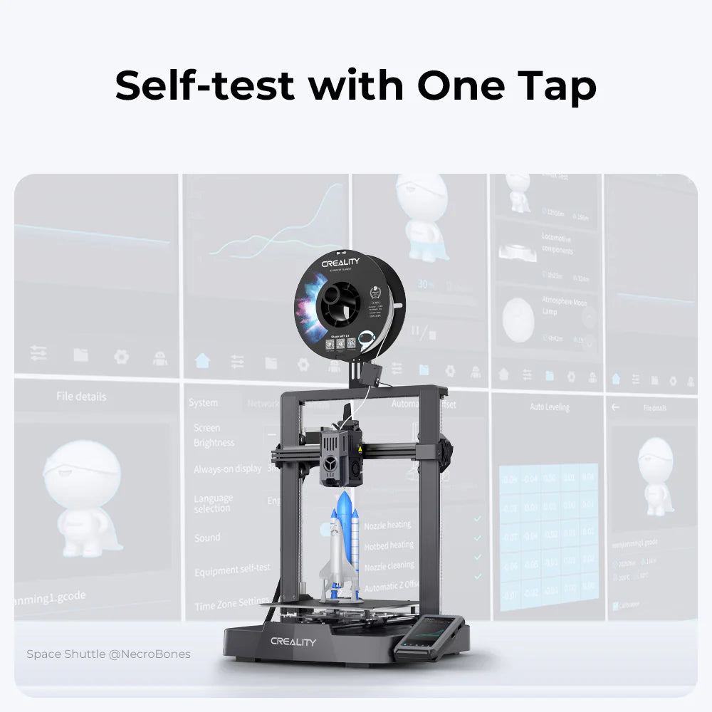 Creality Ender-3 V3 KE 3D printer by 3dfactorylb with build platform, filament spool holder, and control screen visible in the image.