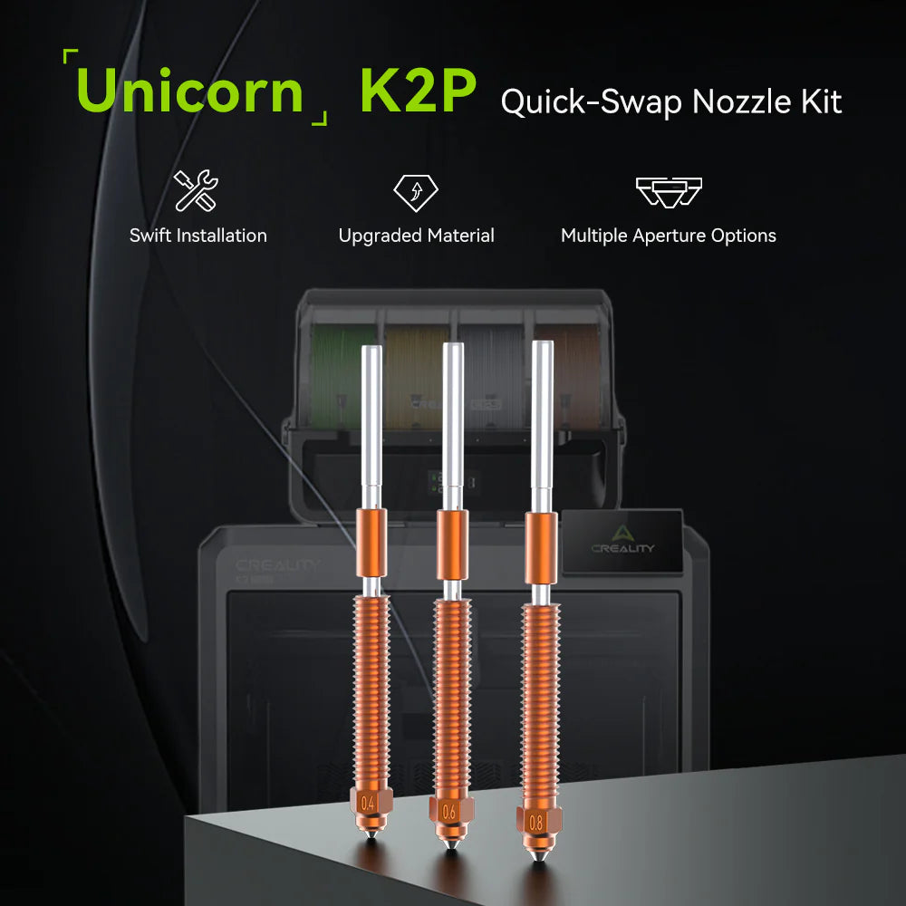 3dfactorylb Unicorn Quick-Swap Nozzle Kit spare part, close-up of the colorful nozzle components on a clean surface