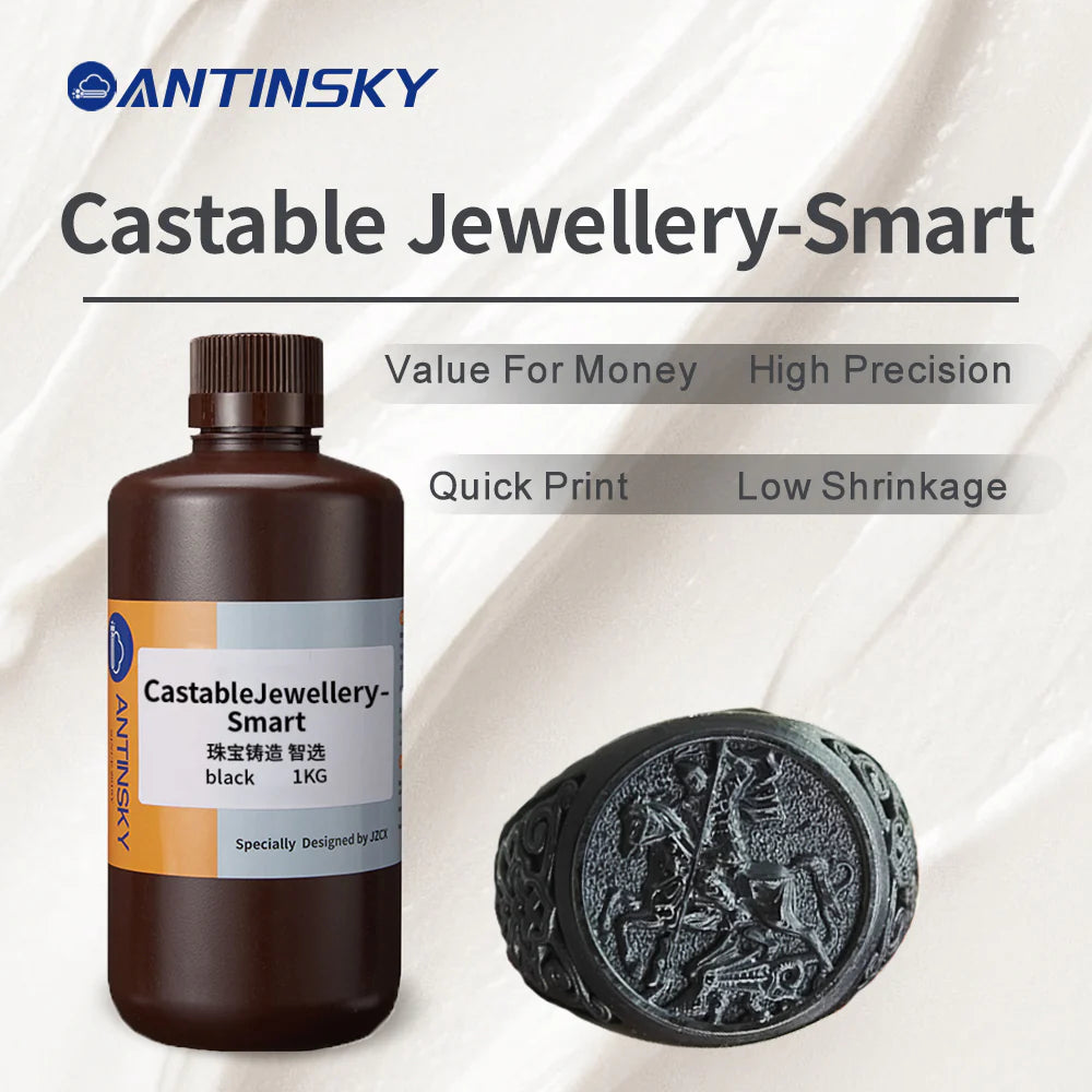 Black Antinsky Castable Jewellery Smart Resin from 3dfactorylb, shown in a 0.5kg container with resin pouring or casting setup.