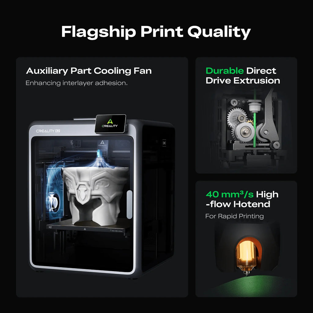 3dfactorylb Creality K2 Combo 3D Printer with dual filament extruders and touchscreen display, ready for detailed 3D printing projects.