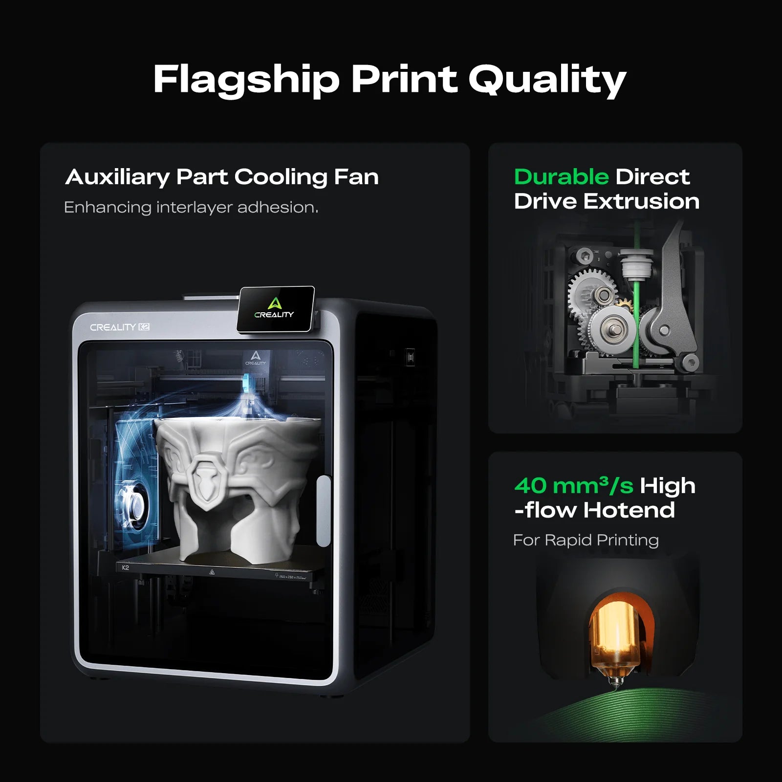 3dfactorylb Creality K2 Combo 3D Printer with dual filament extruders and touchscreen display, ready for detailed 3D printing projects.