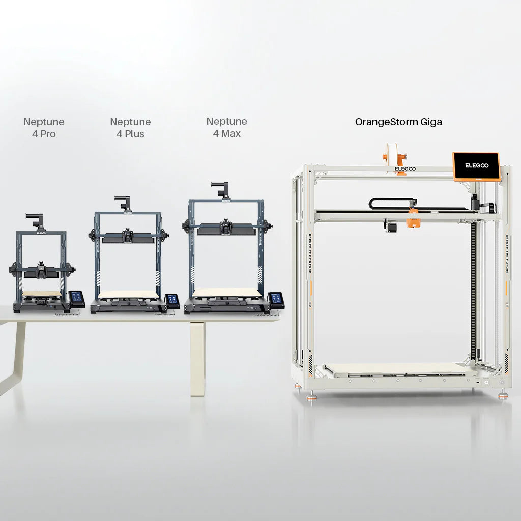 3dfactorylb Elegoo OrangeStorm Giga 3D printer with orange frame and large build volume, shown from a side angle.