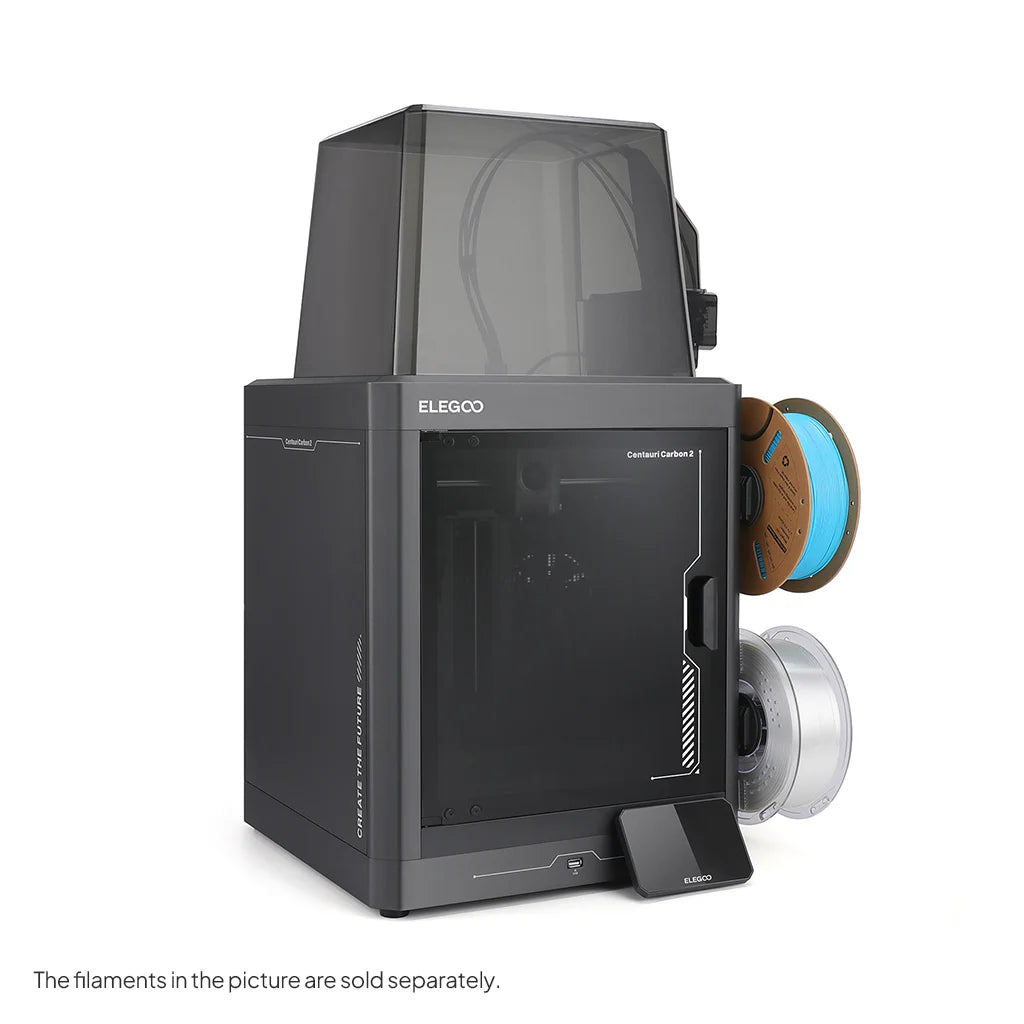 3dfactorylb Elegoo Centauri Carbon 2 3D printer front-left view showing printing bed and filament spool area.
