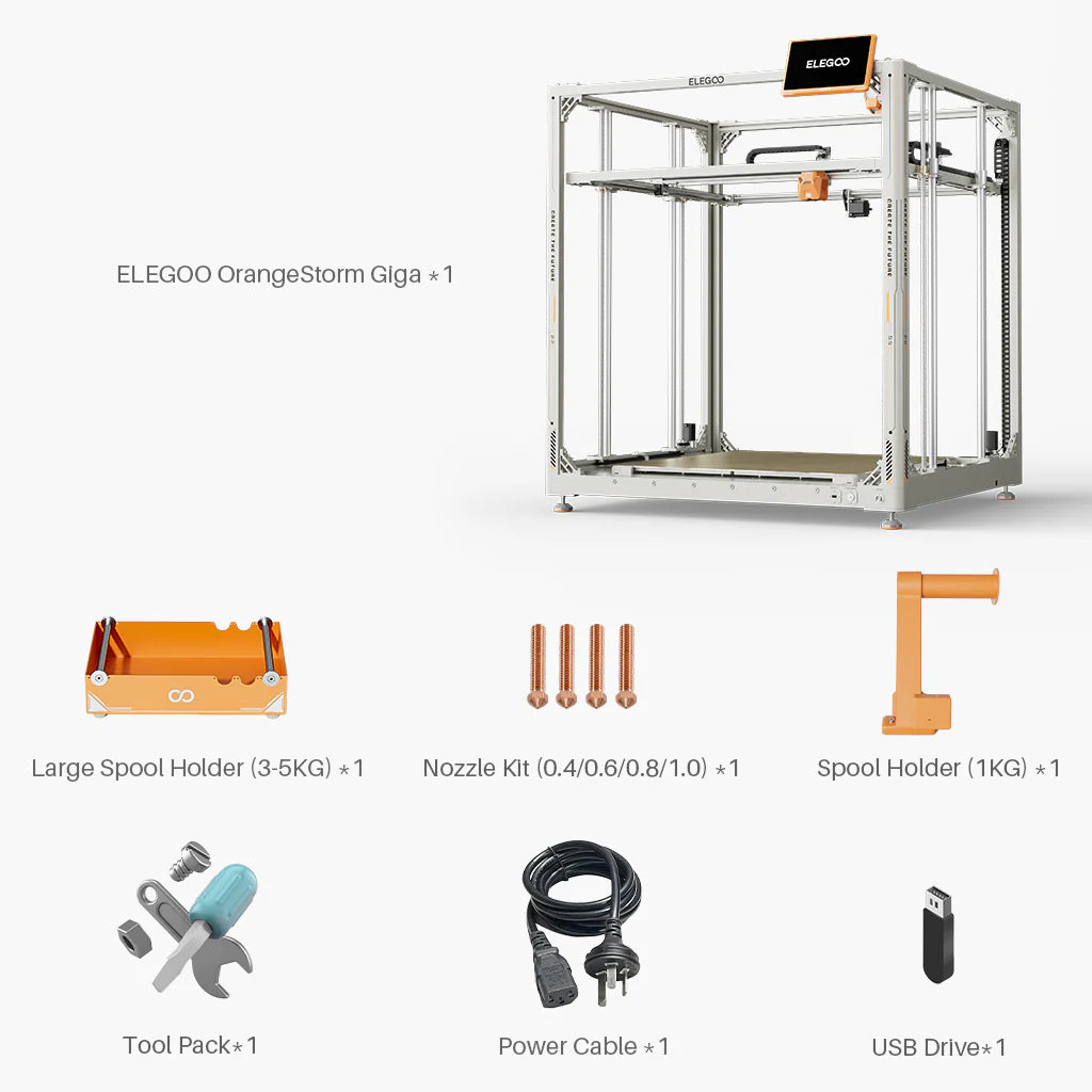 3dfactorylb Elegoo OrangeStorm Giga 3D printer with orange frame and build volume 800x800x1000mm, detailed components visible.