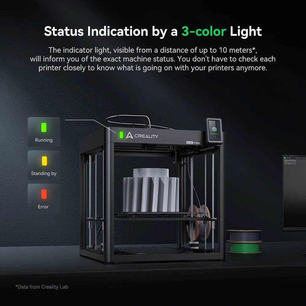 3dfactorylb Creality Ender-5 Max 3D Printer with large build volume, metal frame, and filament spool holder in a workshop setting.