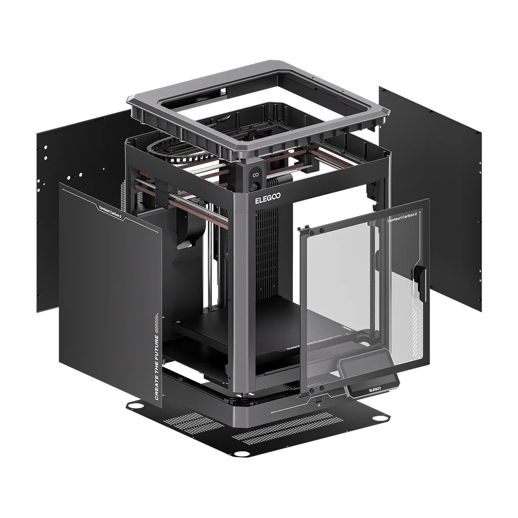 Disassembled view of the Elegoo Centauri Carbon 2 3D printer, showing key components and build details from 3dfactorylb.