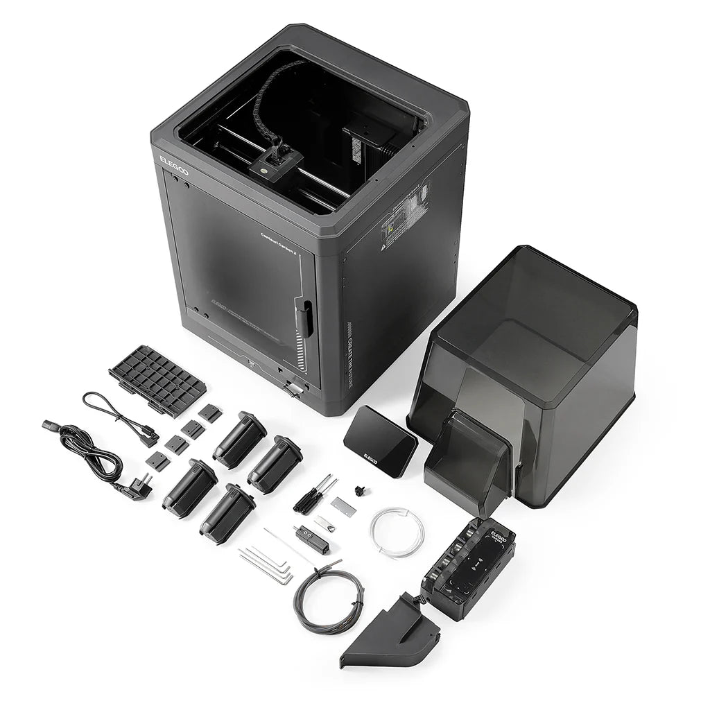 3dfactorylb Elegoo Centauri Carbon 2 3D printer with full bundle, front-right downward tilt view showing the printer's design and components.