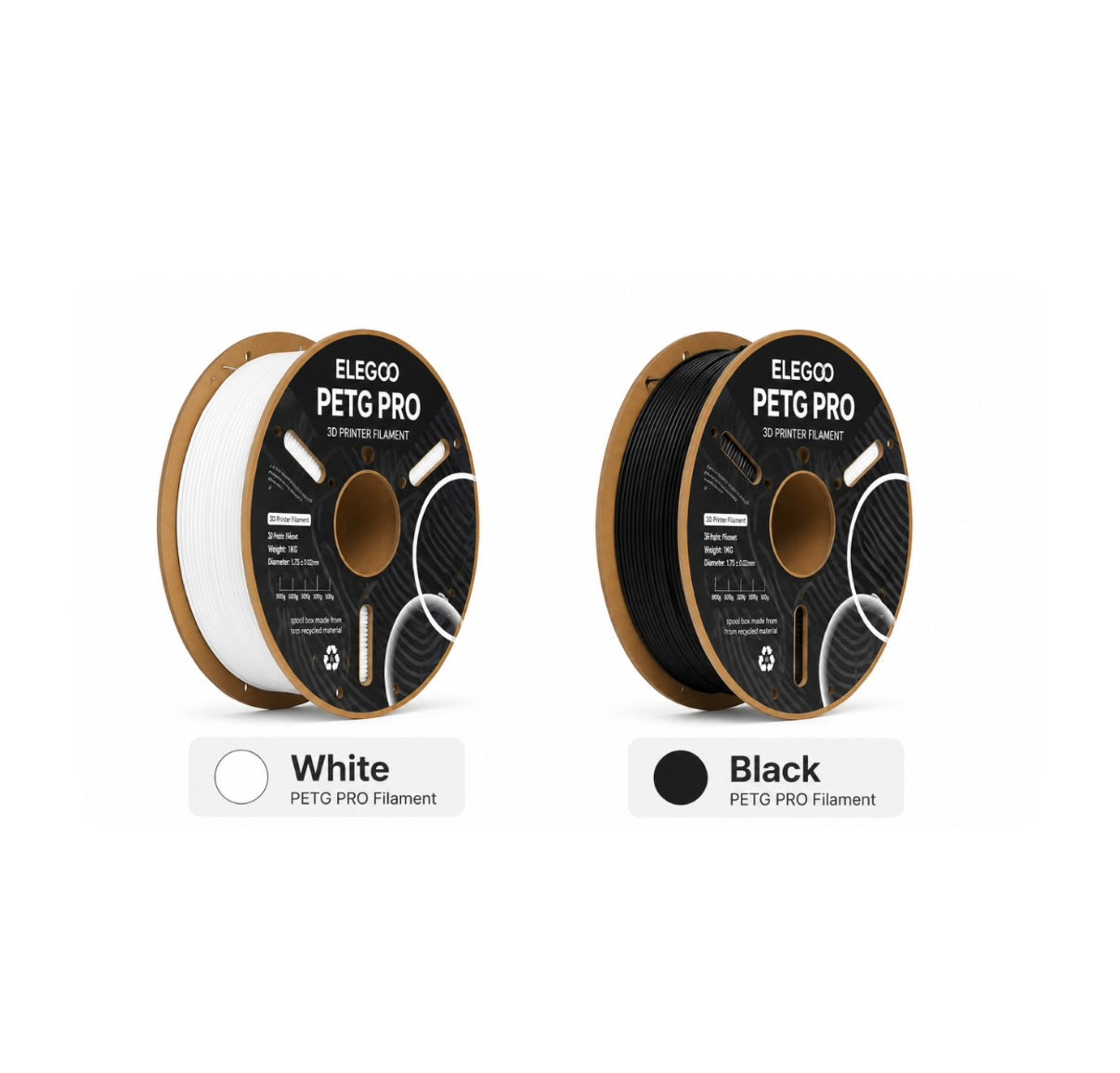 3dfactorylb Elegoo PETG Pro 1kg filament in 1.75mm, high strength 3D printing filament in two color options, shown in the image.