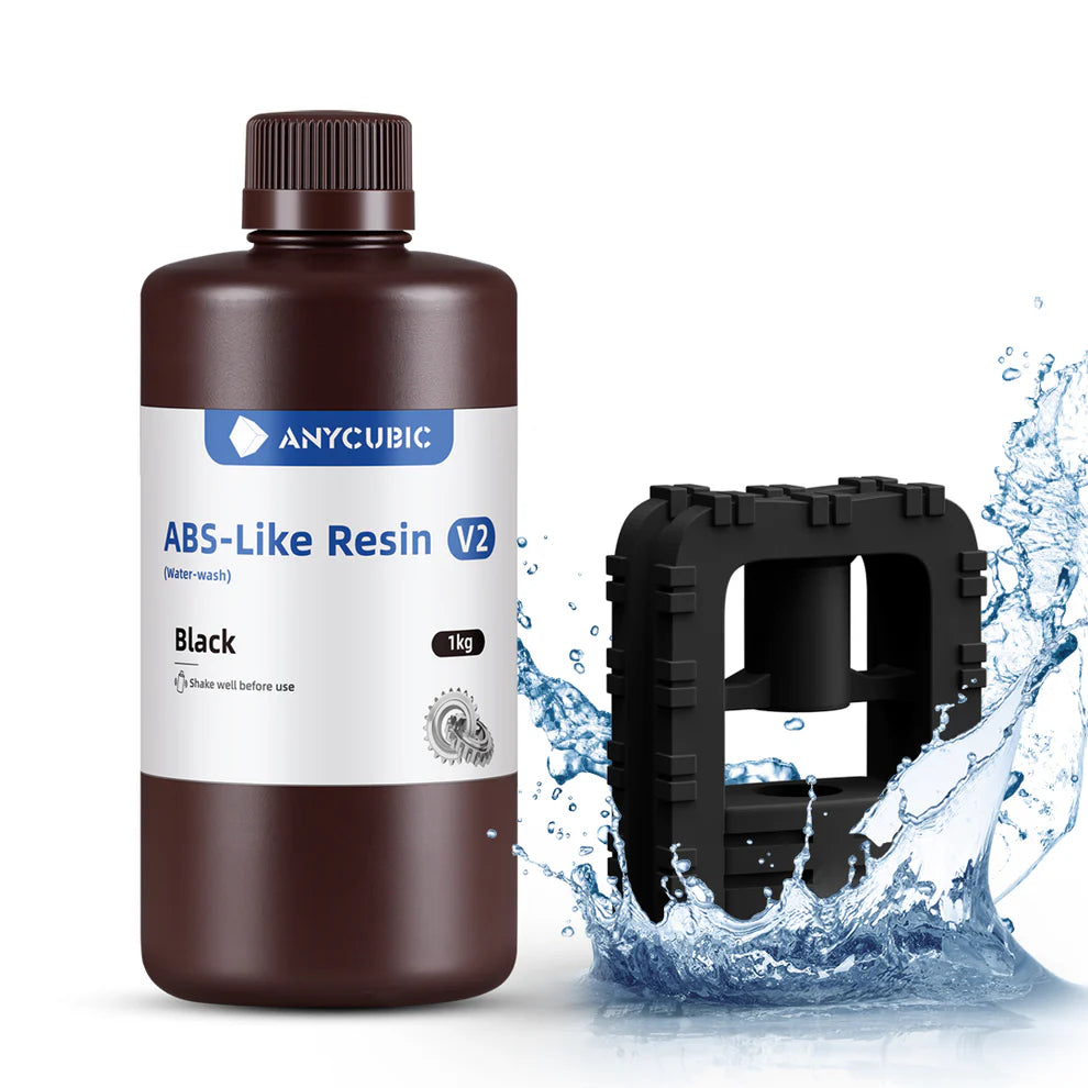 Black 3dfactorylb ABS-Like Resin V2 1kg bottle, suitable for 3D printing, with a clear label and black resin inside.