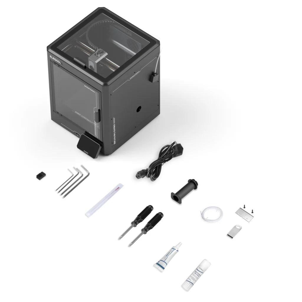 3D printer Elegoo Centauri Carbon by 3dfactorylb showing detailed components and build area in a clean workspace image.