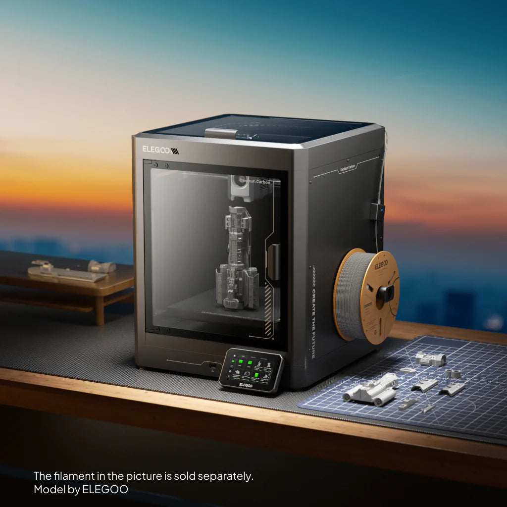 Elegoo Centauri Carbon 3D printer by 3dfactorylb, showcasing the printer's sleek design and build area with filament spool.