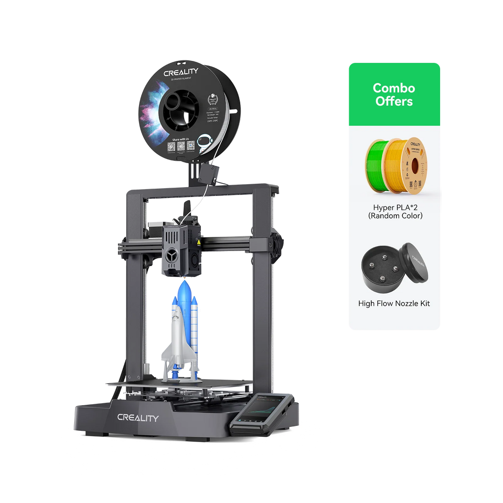 Creality Ender-3 V3 KE 3D printer by 3dfactorylb showing the printer's build plate and filament spool in a clean workspace.