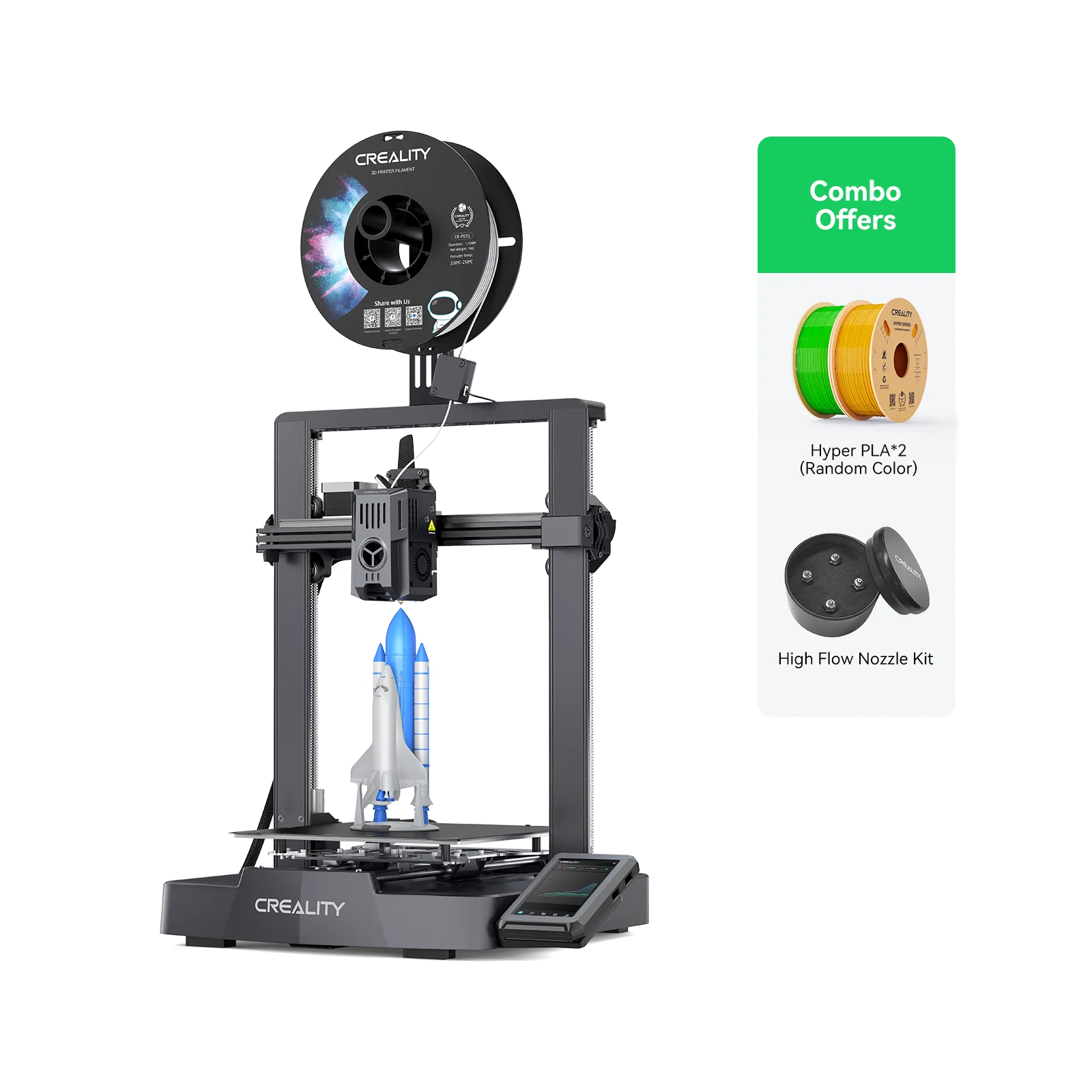 Creality Ender-3 V3 KE 3D printer by 3dfactorylb showing the printer's build plate and filament spool in a clean workspace.