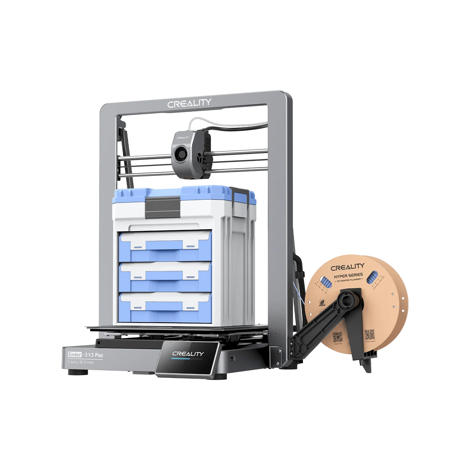 Creality Ender-3 V3 Plus 3D printer from 3dfactorylb showing the printer with its build plate and filament spool in view