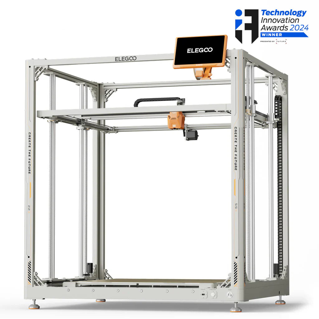 3D printer Elegoo OrangeStorm Giga with orange frame and build area of 800x800x1000mm, designed for large-scale 3D printing.