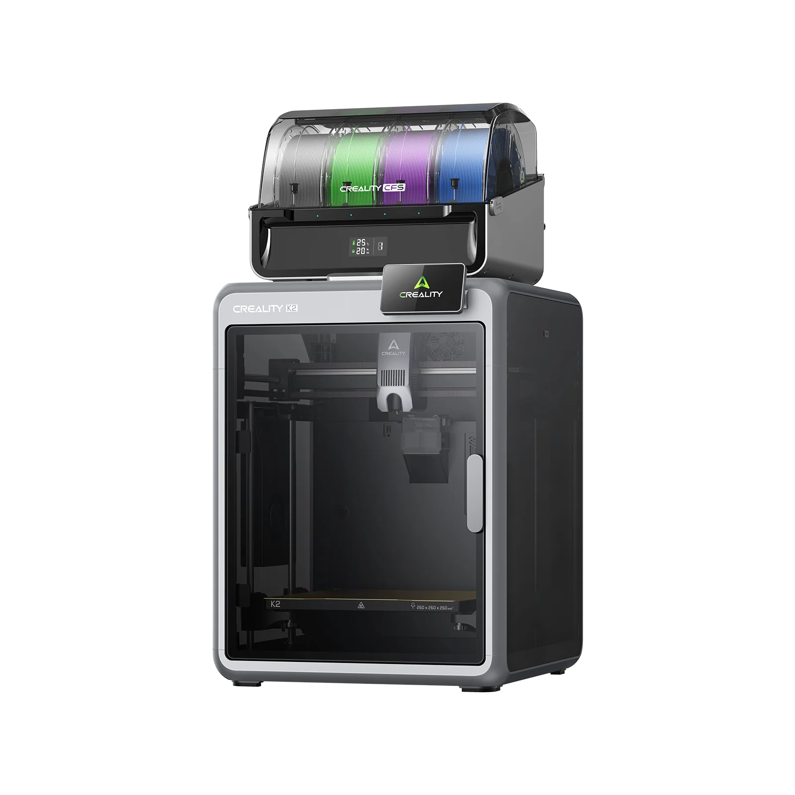 3dfactorylb Creality K2 Combo 3D Printer with multiple filament spools and control panel, ready for 3D printing projects