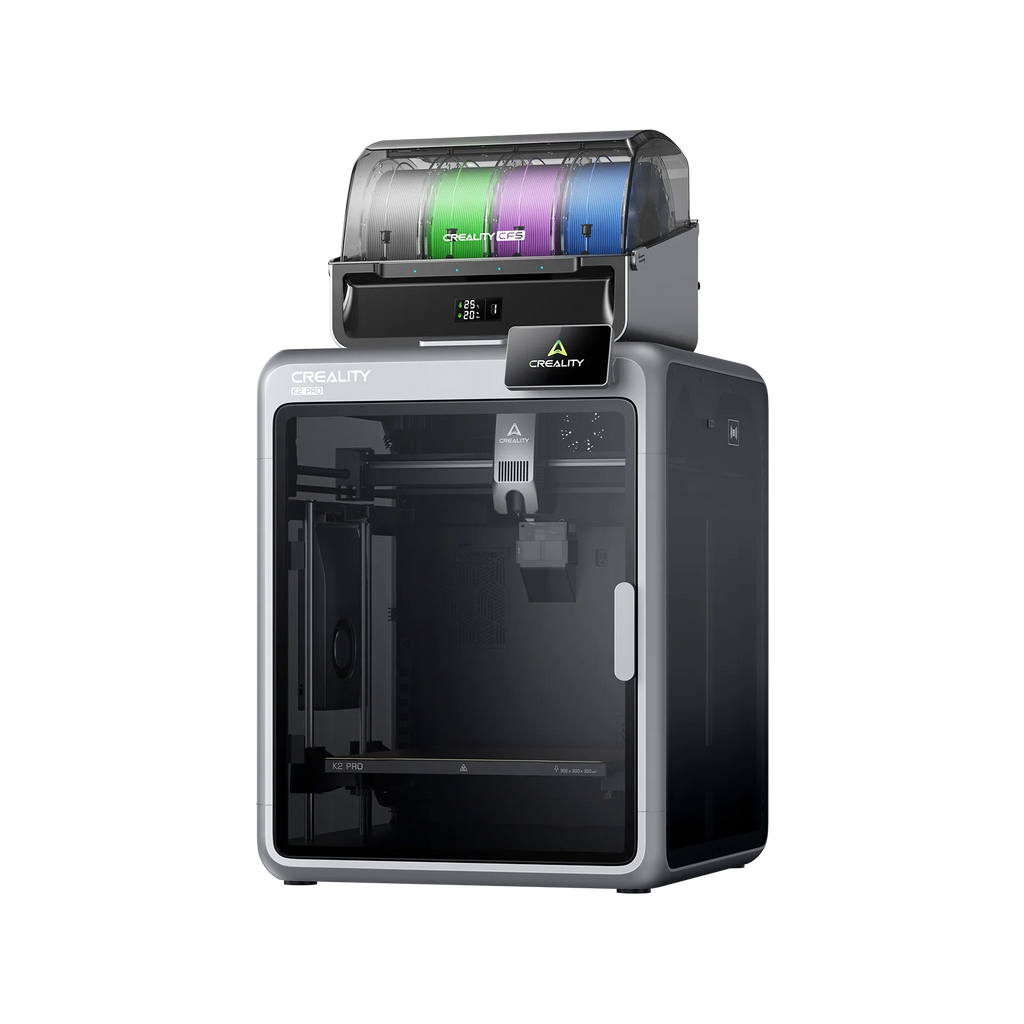 3dfactorylb Creality K2 Pro Combo 3D Printer with metal frame, touchscreen interface, and dual extrusion nozzles in a modern workspace