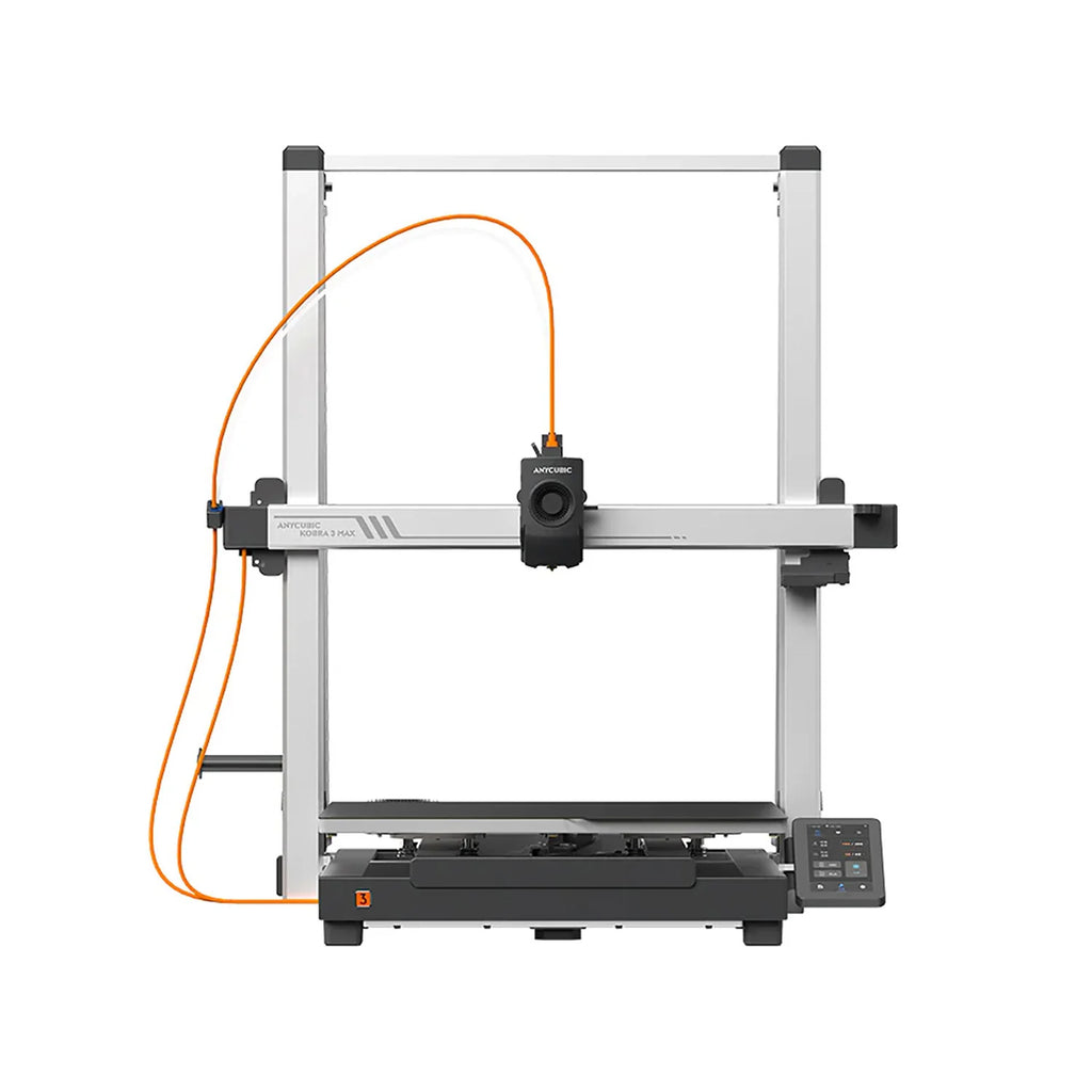 3D printer by 3dfactorylb, Anycubic Kobra 3 Max/3 Max Combo model, shown with printing bed and filament feed in a clean workspace.