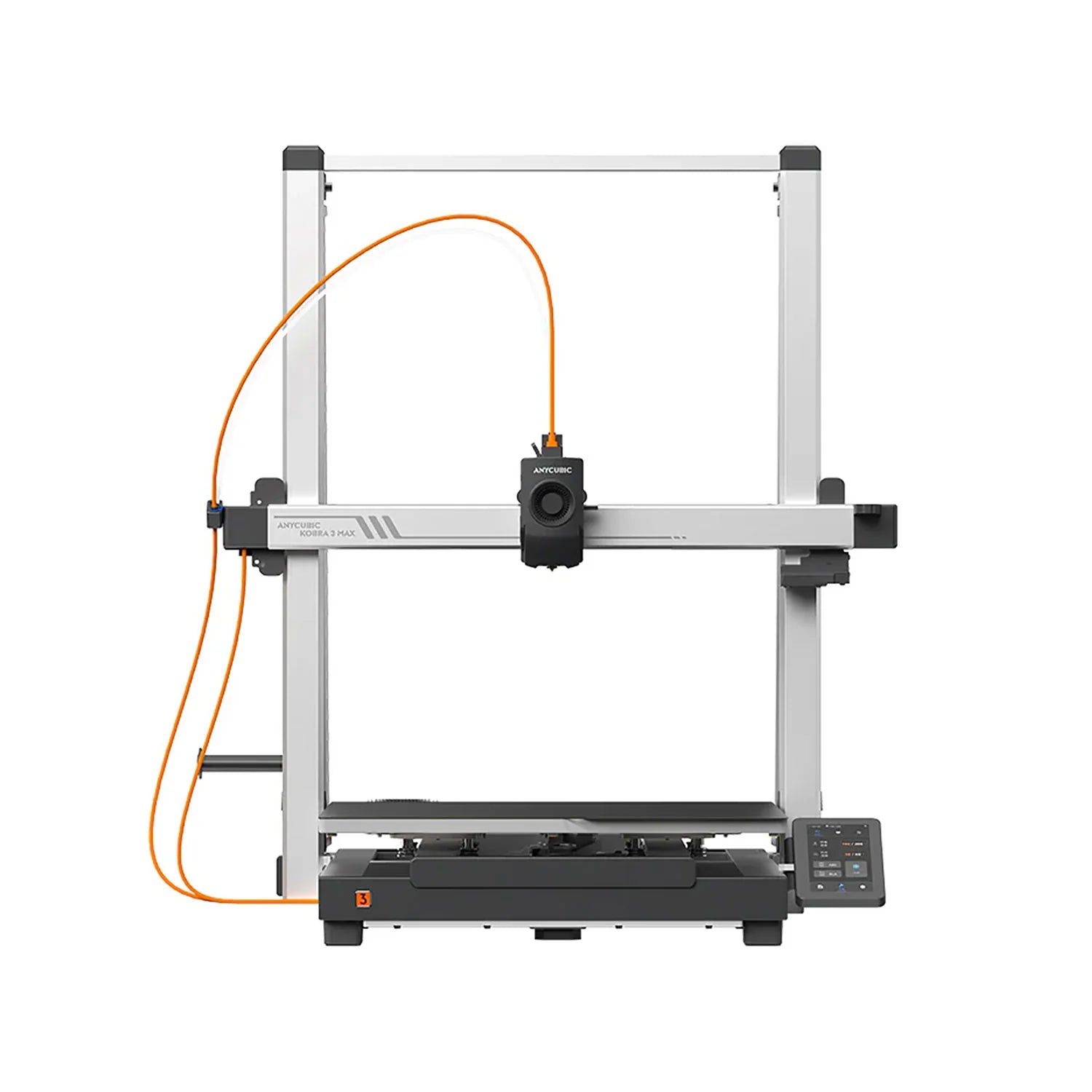 3D printer by 3dfactorylb, Anycubic Kobra 3 Max/3 Max Combo model, shown with printing bed and filament feed in a clean workspace.
