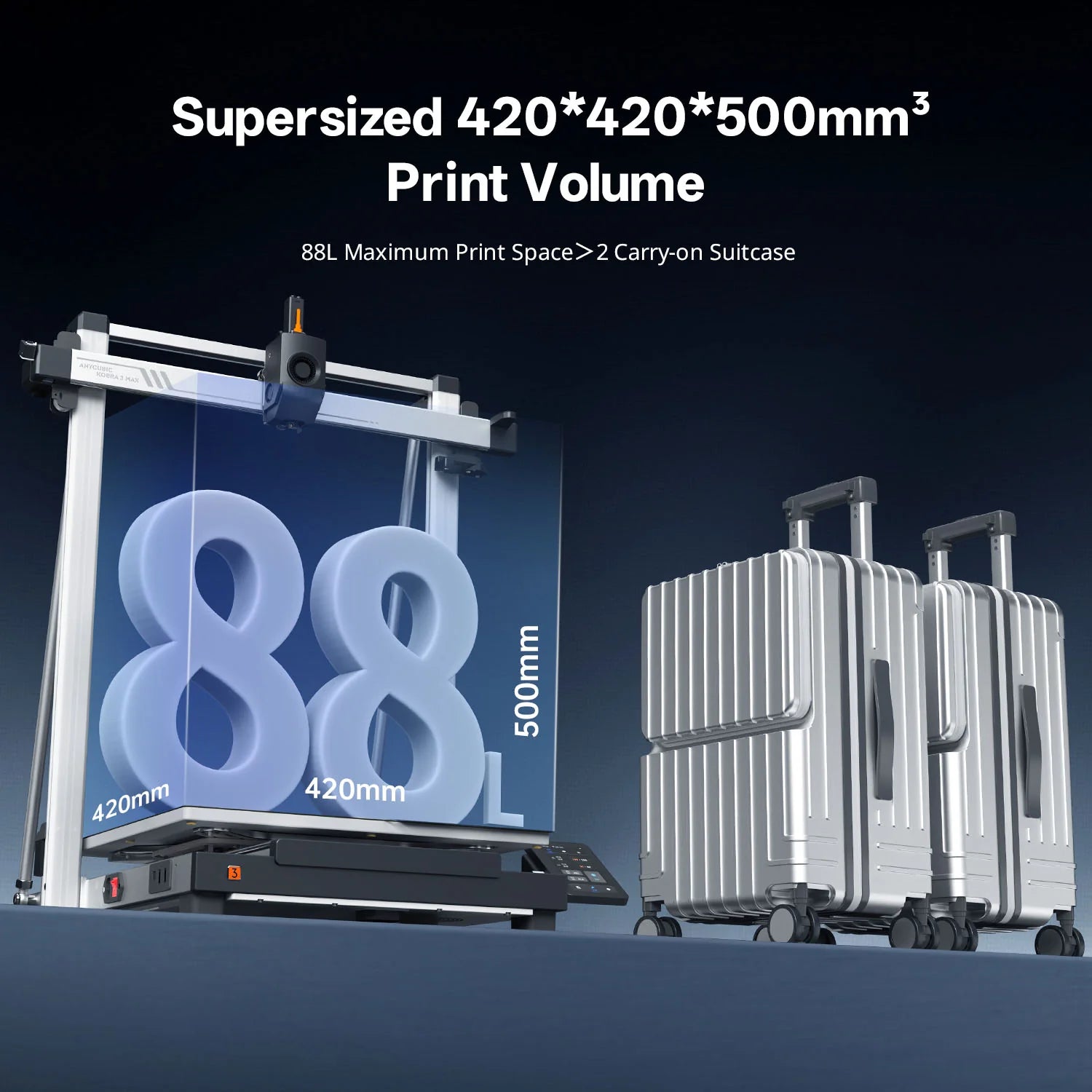 3dfactorylb Anycubic Kobra 3 Max 3D printer with large build volume, sleek design, and touchscreen control panel for precise 3D printing.