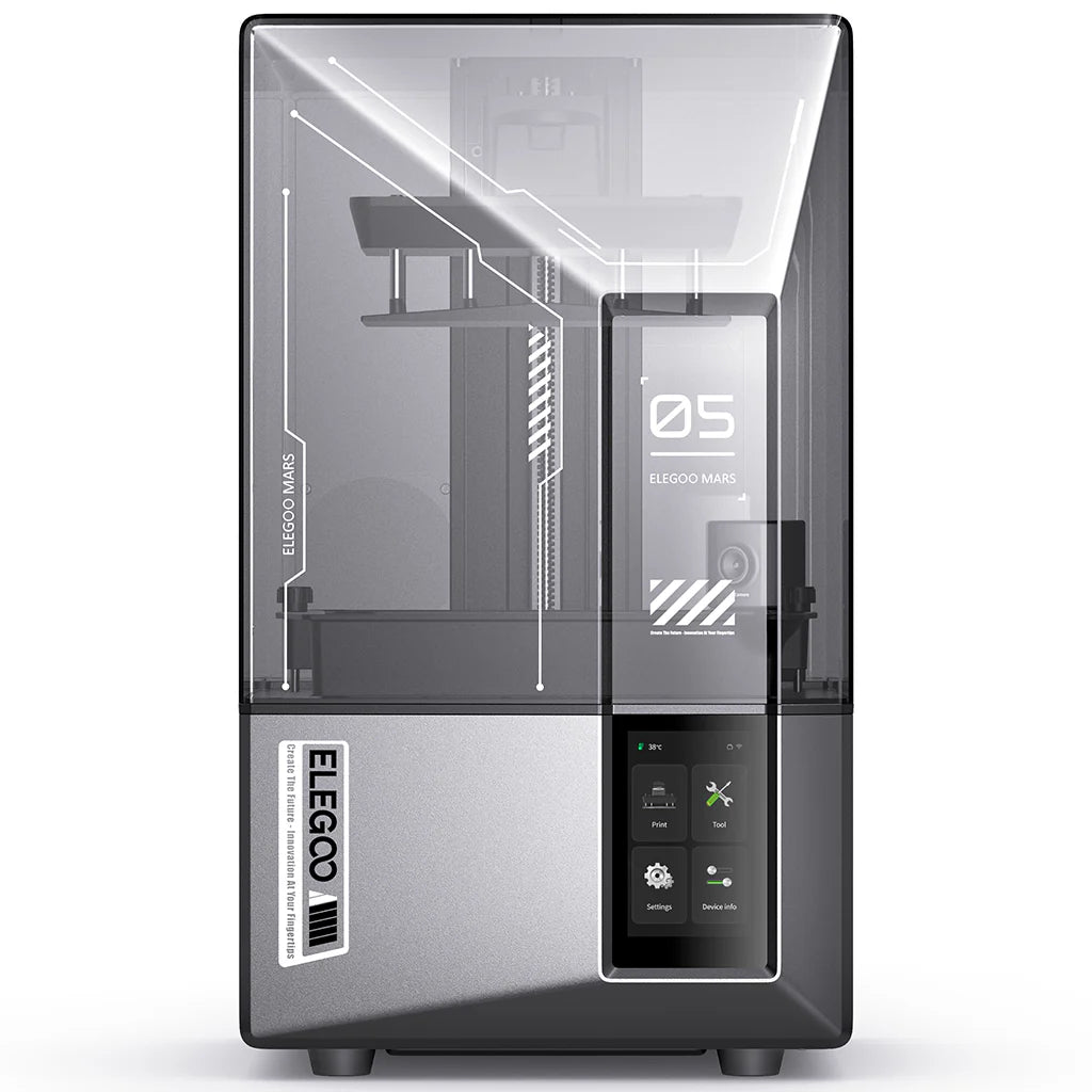 3dfactorylb Elegoo Mars 5 Ultra resin 3D printer with EU plug, showcasing the compact device and detailed print bed.