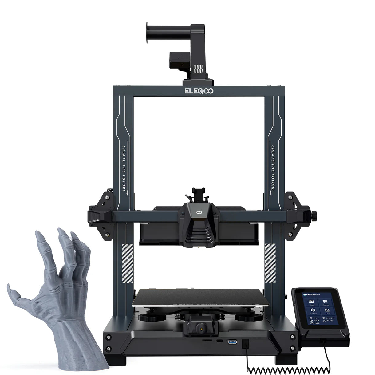 3D printer Elegoo Neptune 4 Pro from 3dfactorylb with filament spool and control screen visible on a workspace