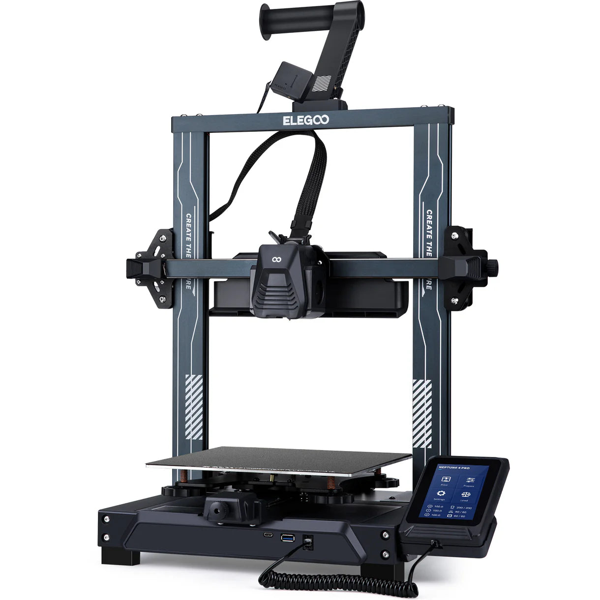 3D printer Elegoo Neptune 4 Pro by 3dfactorylb with sleek design and build area, shown in a close-up image.