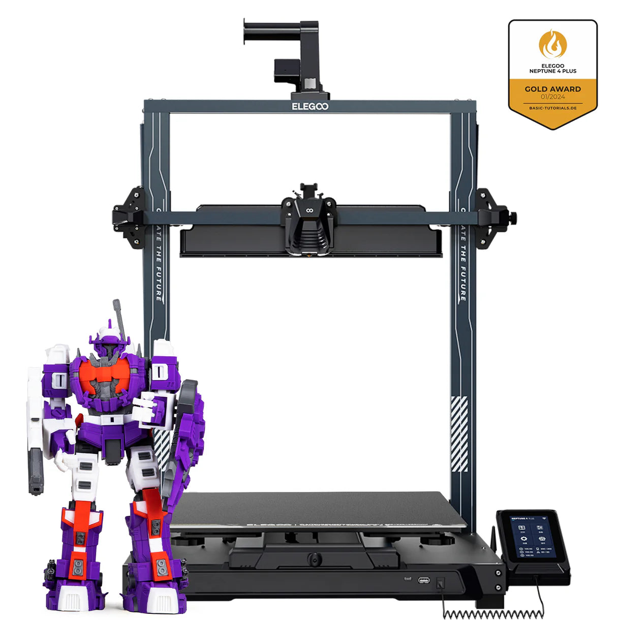 3D printer Elegoo Neptune 4 Plus by 3dfactorylb with open frame and build platform, shown in a clean, detailed view.