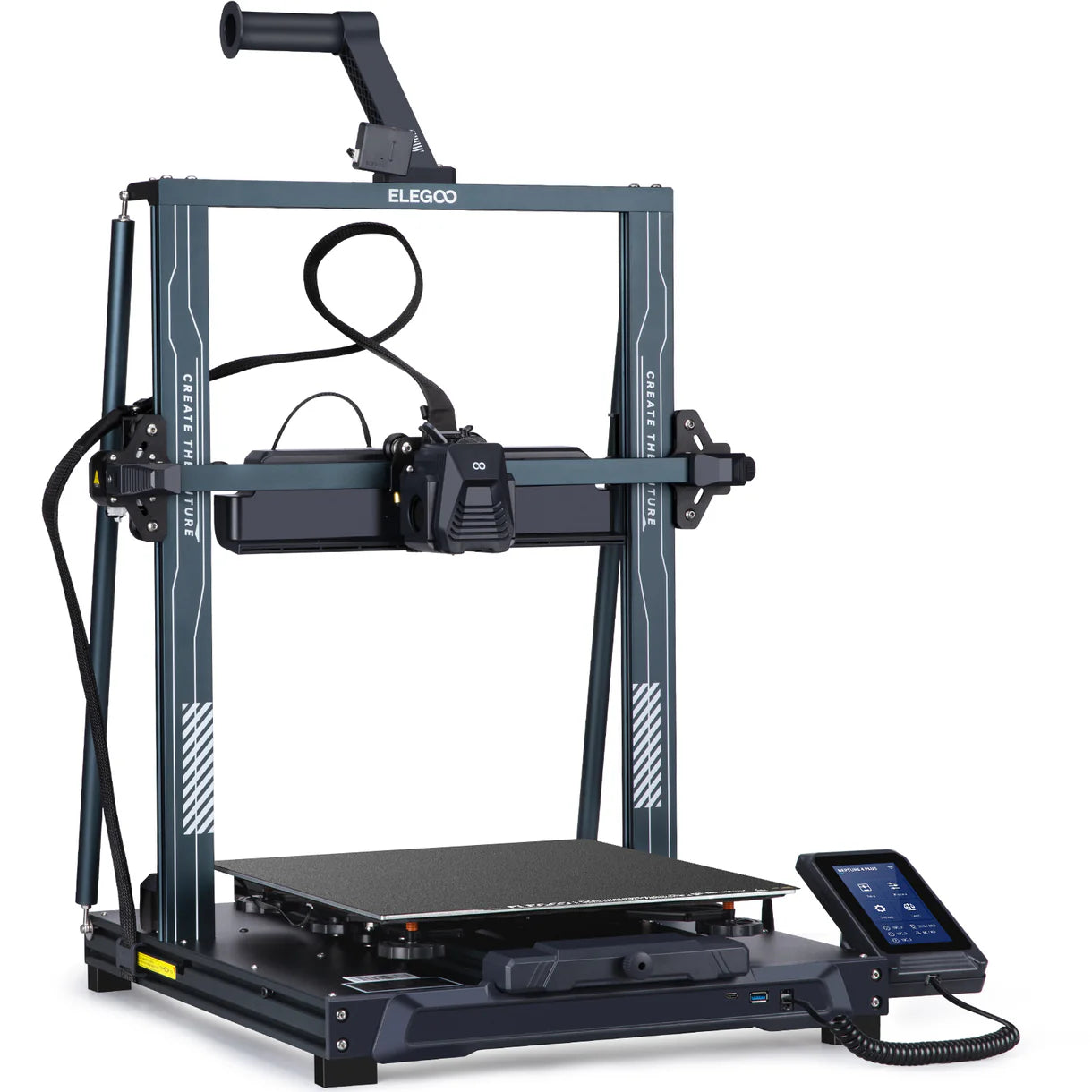 3D printer Elegoo Neptune 4 Plus by 3dfactorylb with display screen and build platform, shown in a clean, modern workspace setting