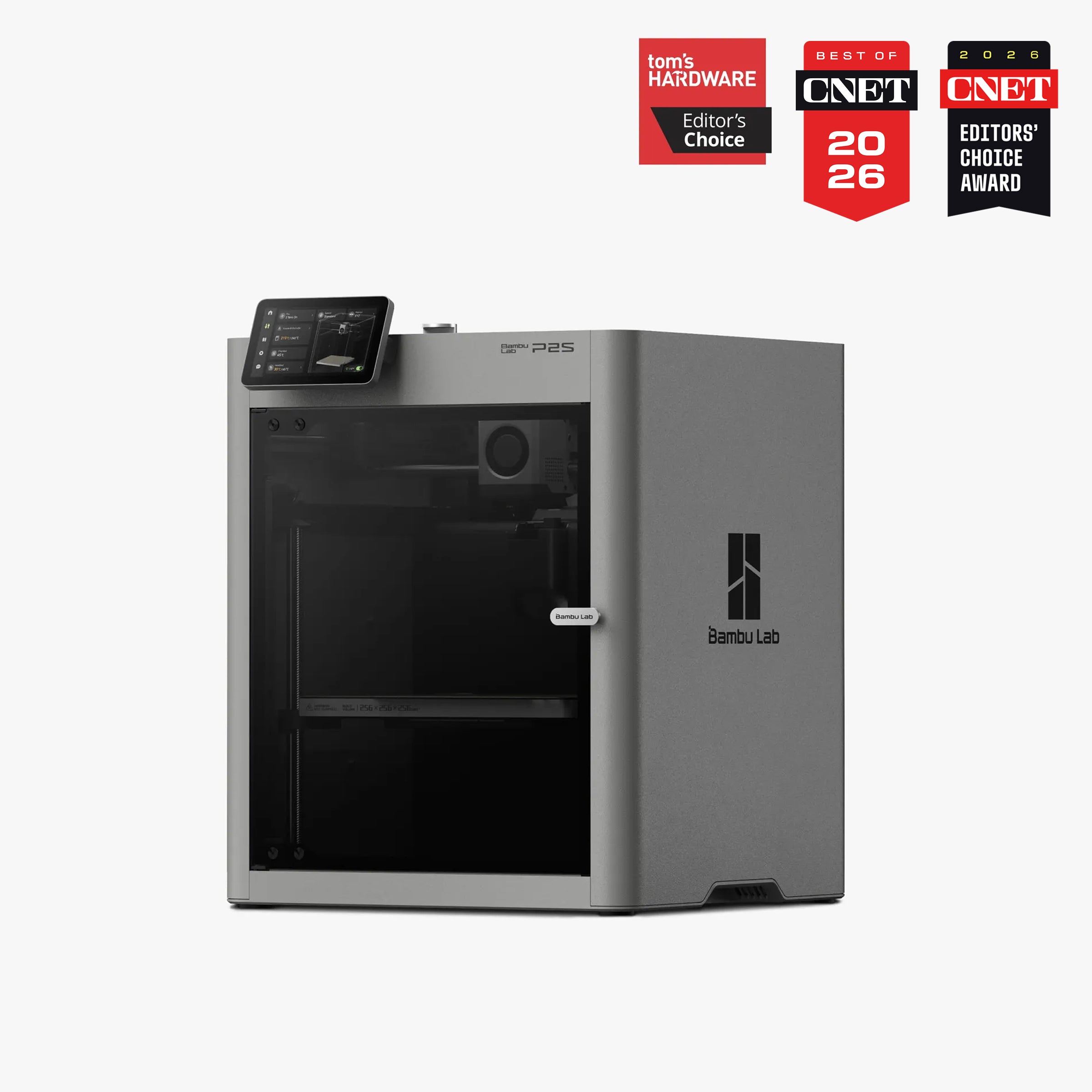 3D printer Bambu Lab P2S by 3dfactorylb with sleek design and digital display, ready for 3D printing projects.