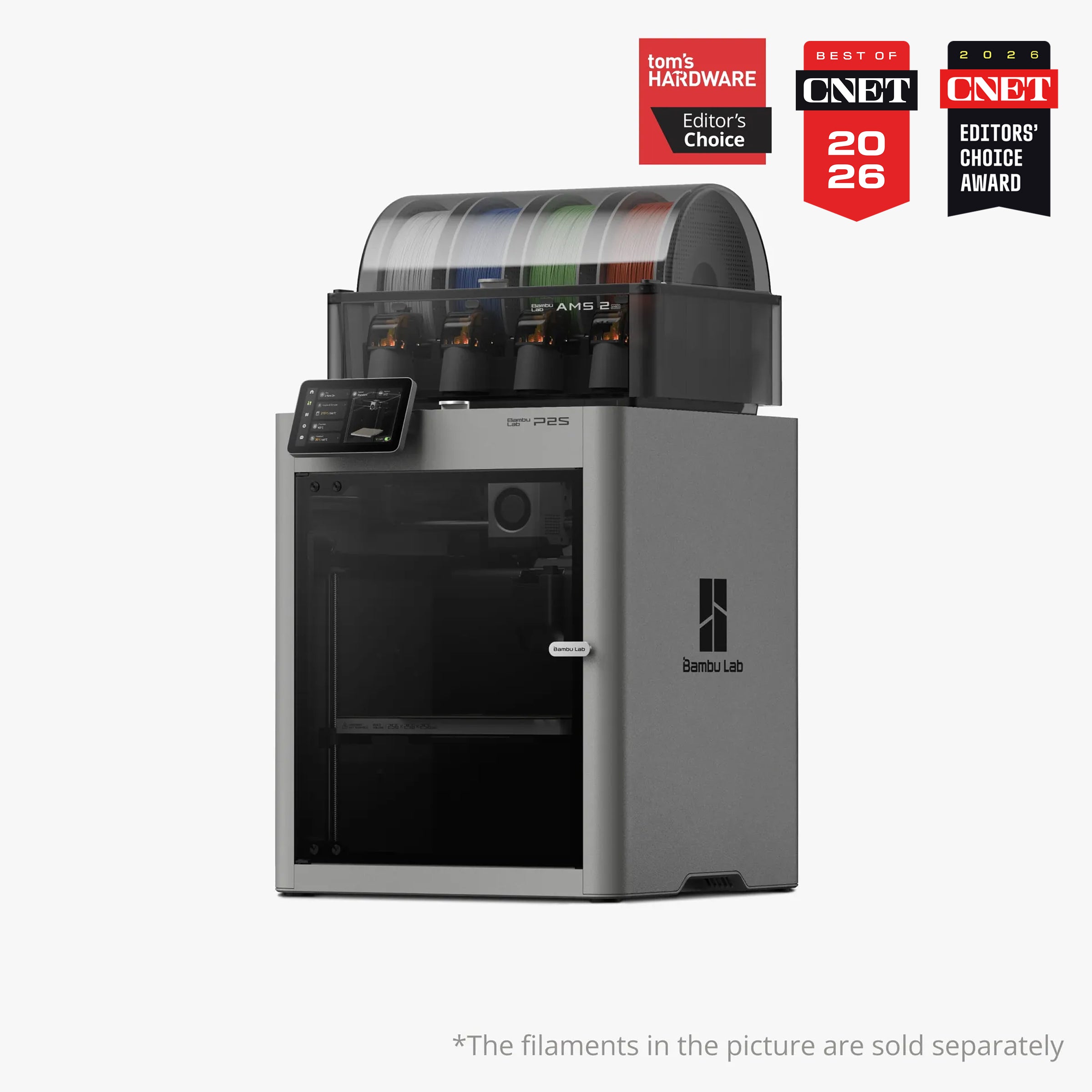 3D printer Bambu Lab P2S Combo by 3dfactorylb with dual extrusion nozzles and touchscreen interface in a sleek design.
