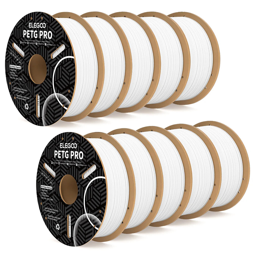 White Elegoo PETG Pro filament bundle from 3dfactorylb, showing a 10kg spool of 3D printing filament.