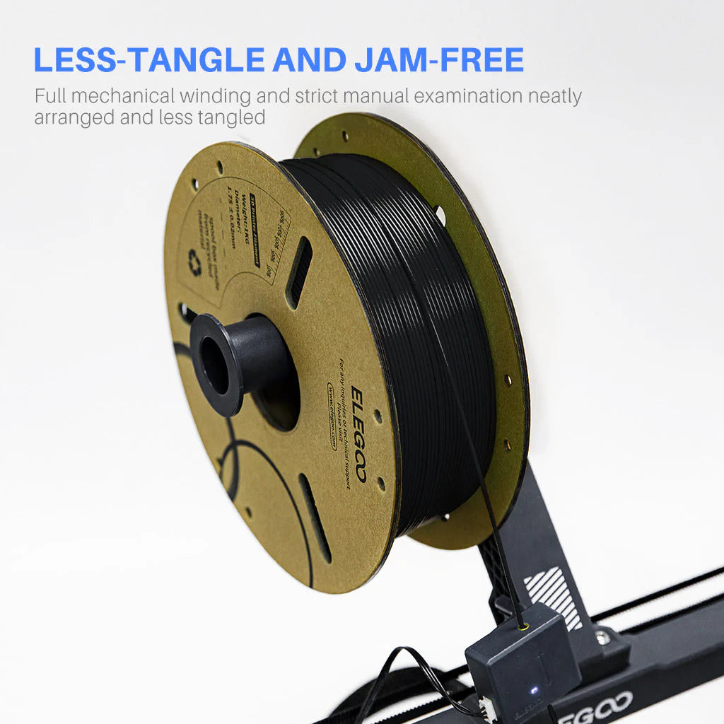 Black Elegoo PLA+ filament spool, 10kg bundle from 3dfactorylb, showing the filament's smooth, shiny surface and packaging details.