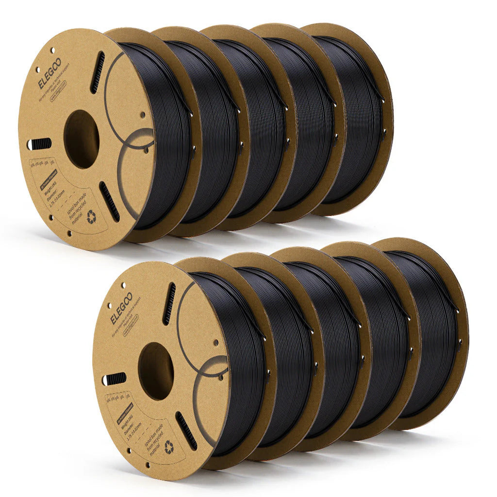 Black 3dfactorylb Elegoo PLA+ filament roll, 10kg bundle for 3D printing, shown wound on spool against a white background.