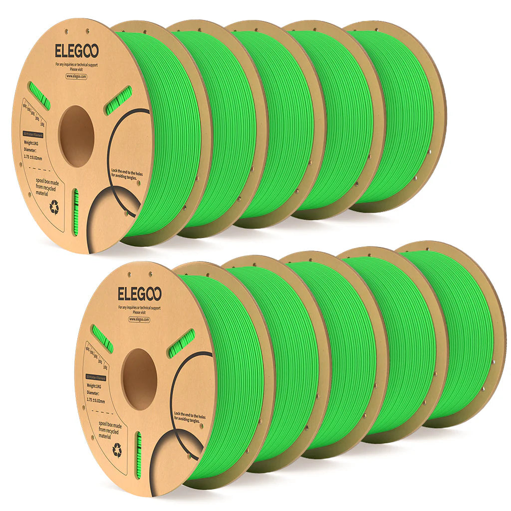 3dfactorylb Elegoo PLA+ filament bundle in neon green, 10kg spool for 3D printing with vibrant, high-quality filament.