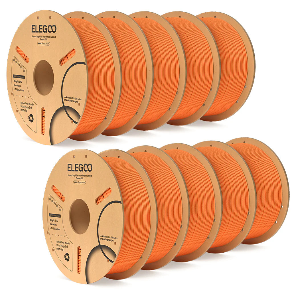 3dfactorylb Elegoo PLA+ filament bundle in 10kg orange spool, ideal for 3D printing with vibrant, high-quality filament.