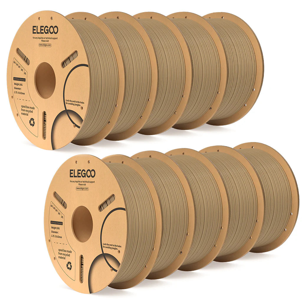 3dfactorylb Elegoo PLA+ filament bundle in 10kg with wood-colored filament for 3D printing, showcasing spools of colorful filament.
