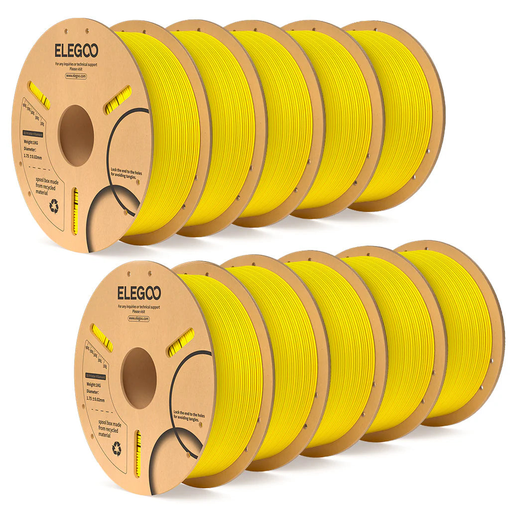 Yellow Elegoo PLA+ filament bundle from 3dfactorylb, showing 10kg spool ready for 3D printing projects.