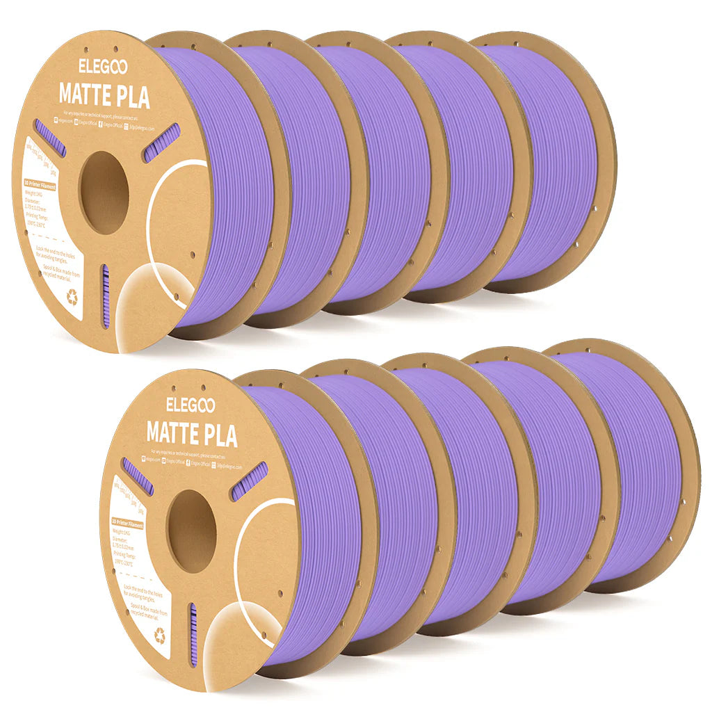 Lavender purple Elegoo PLA matte filament bundle by 3dfactorylb, showing 10kg spool of filament with a matte finish for 3D printing.