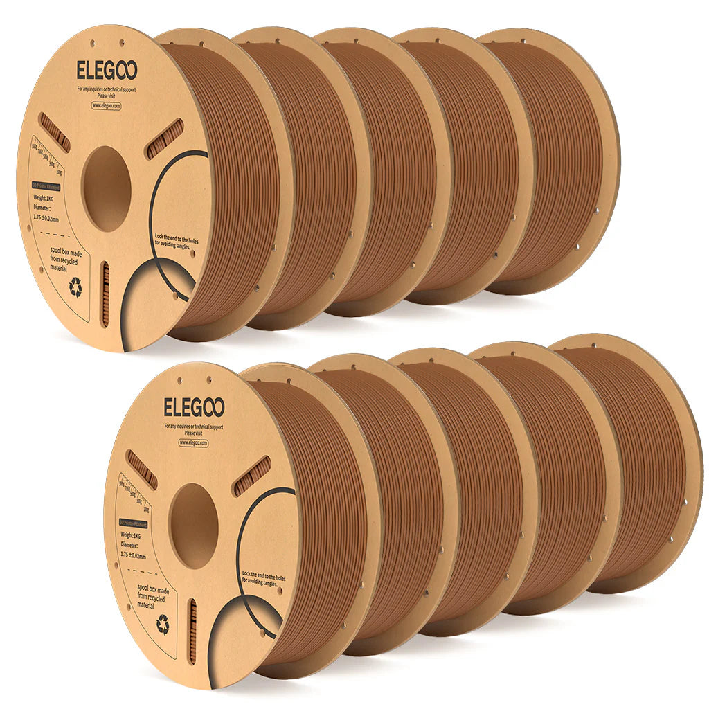 3dfactorylb Elegoo PLA+ filament bundle in 10kg, brown color, shown in a spool for 3D printing.