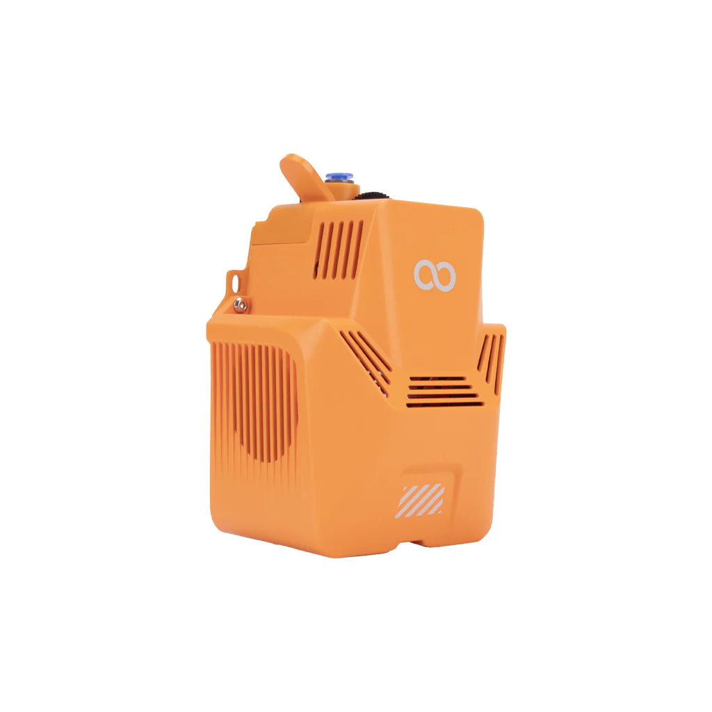 3dfactorylb Elegoo OrangeStorm Giga 3D printer printhead with orange and black components, shown in a close-up view.