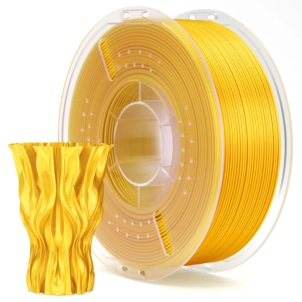 Gold Silk PLA filament 1kg 1.75mm from 3dfactorylb with a glossy finish, ideal for smooth, shiny 3D printing results.