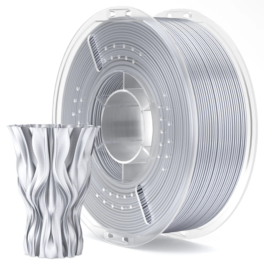 Silver Silk PLA filament 1kg, 1.75mm diameter with glossy finish from 3dfactorylb for 3D printing.