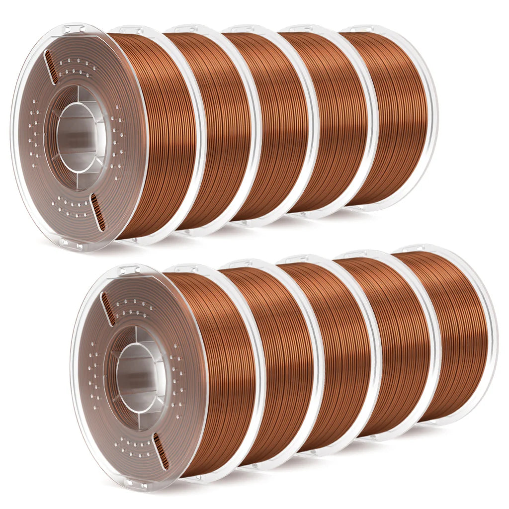 3dfactorylb Elegoo PLA Silk filament spools in bronze, 10kg bundle, showcasing shiny, smooth silk finish for 3D printing.