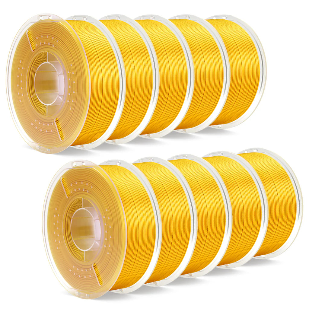 Gold Elegoo PLA silk filament spools, 10kg bundle by 3dfactorylb, showcasing shiny, smooth silk finish for 3D printing.
