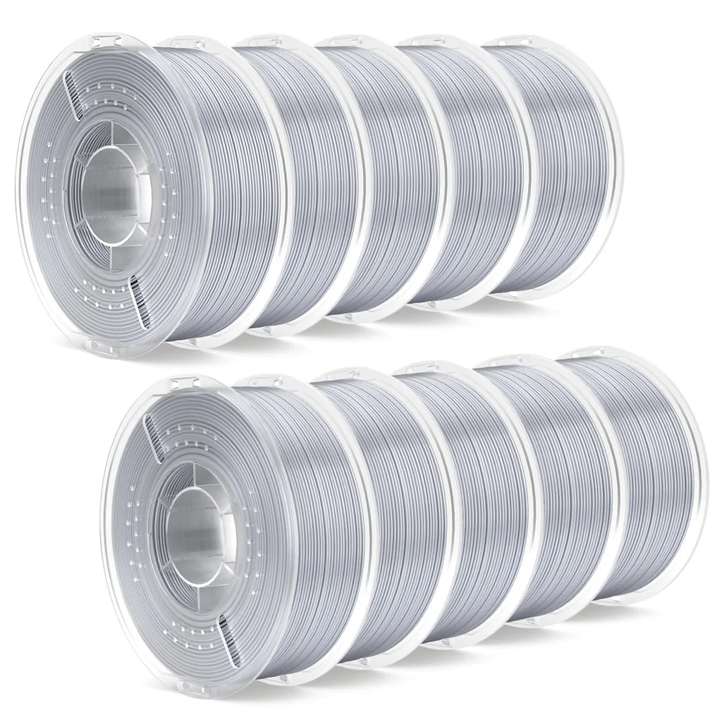 Silver Elegoo PLA Silk filament spools, 10kg bundle from 3dfactorylb, showcasing shiny, smooth filament for 3D printing.